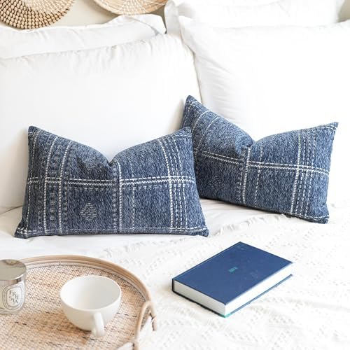 Decorative Lumbar Pillow Covers 12x20 Set of 2, Boho Blue Chenille Accent by BlissBlush