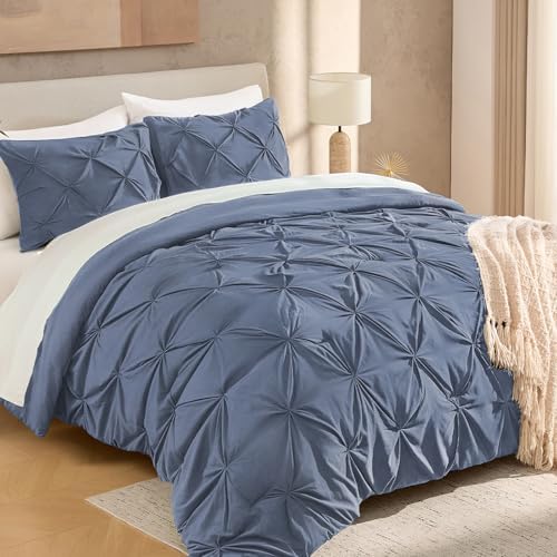 Andency Full Pinch Pleat Dark Blue Comforter Set 3 Piece Bedding by Andency
