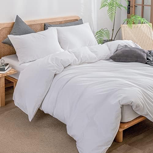 BESTOUCH Cotton Solid Duvet Cover Set Linen Feel Bright White Full - Image 5