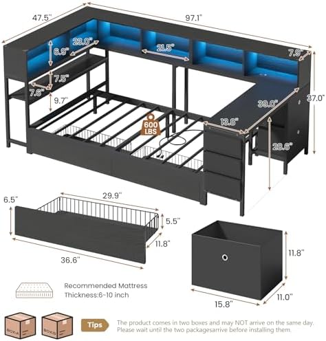 Twin Corner Bed with Desk and Storage Bookcase, Daybed with 2 Drawers & 2 - Image 3