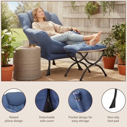 Welnow Lazy Chair with Ottoman, Reading Chair with Footrest, Royal Blue - Image 6