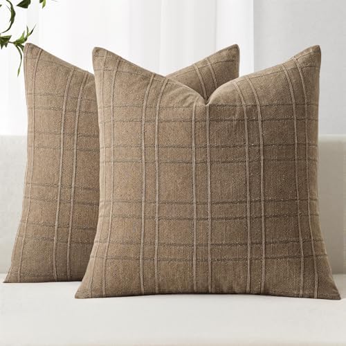 MIULEE Linen Plaid Pillow Covers Fall Decorative Euro 24x24 Light Brown by MIULEE