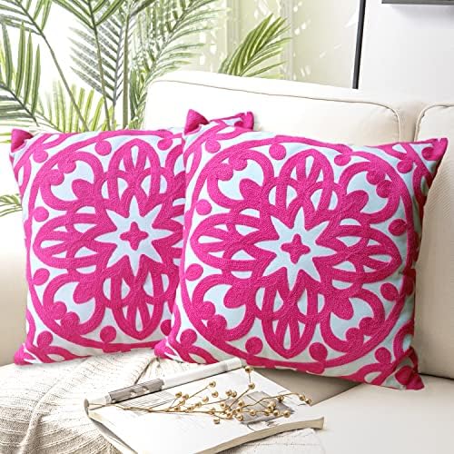 Alysheer Boho Embroidered Throw Pillow Cover 18"x18" Set of 2, Hot Pink by Alysheer