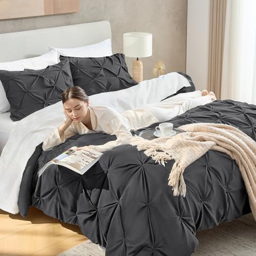Andency California King Pinch Pleat Dark Gray Comforter Set 3 Piece Bedding - Image 3