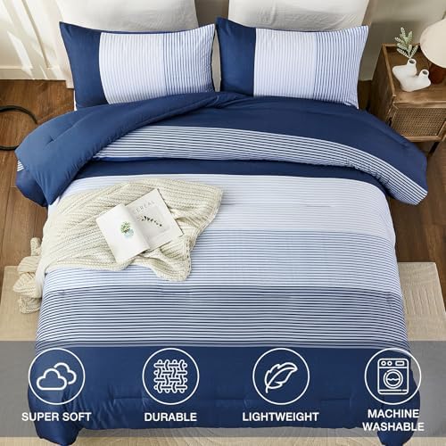 Blue Comforter Set Queen, Reversible Dark Blue Patchwork Stripe Comforter - Image 3