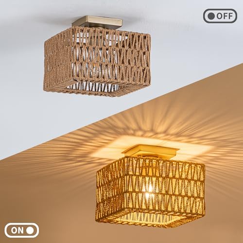 Rpzloila Rattan Ceiling Light, Square Flush Mount Ceiling Light - Image 4