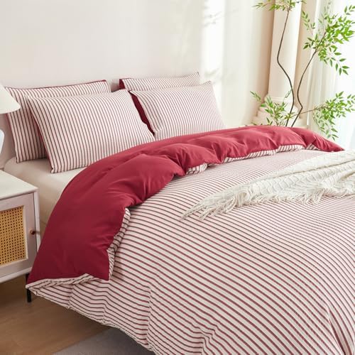 King Size Comforter Set Brick Red Striped Soft Washed Microfiber Jacquard 3 - Image 6