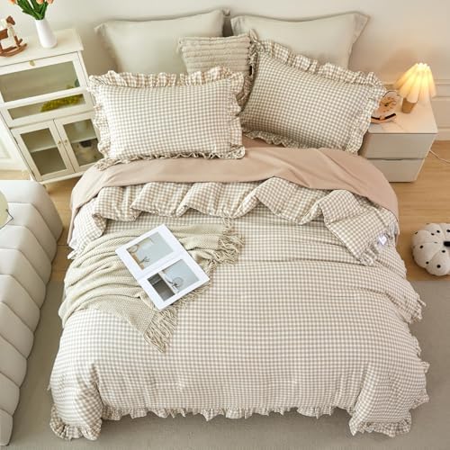 5Pcs King Gingham Comforter Sets Tan Ruffle Checkered Bedding - Image 3