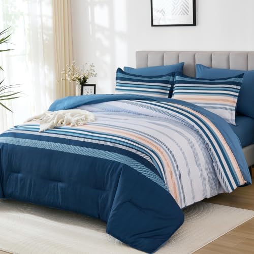 Dobuyly Blue Comforter Full Size Set 7 Piece, Boho Striped Bed in a Bag Full by Dobuyly