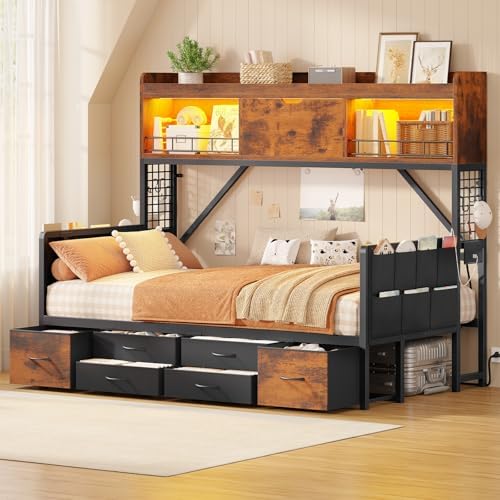 MSmask Daybed with High Bookcase & 6 Storage Drawers, Twin Corner Bed with LED by MSMASK