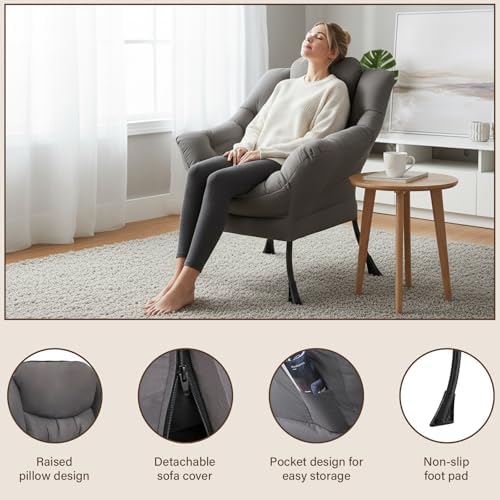 Welnow Lazy Chair for Adults，Modern Reading Accent Chair, Dark Grey Single - Image 4
