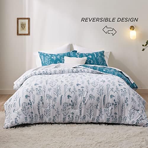 Bedsure Floral Comforter Set Cute Bedding Set King Reversible Teal Blue - Image 2