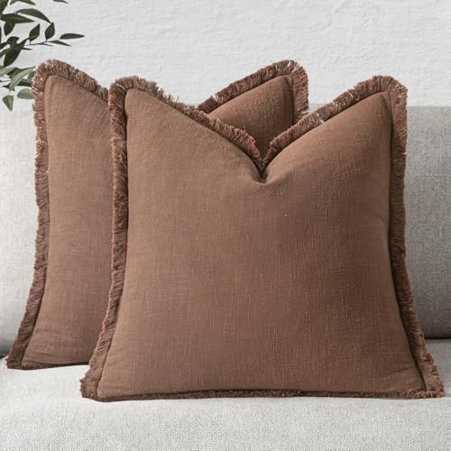 MIULEE Linen Fringe Decorative Fall Euro Pillow Covers Dark Coffee 24x24 by MIULEE