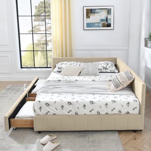 RuiSiSi Queen Size Daybed with Storage Drawers, Upholstered Corner Bed with L - Image 4