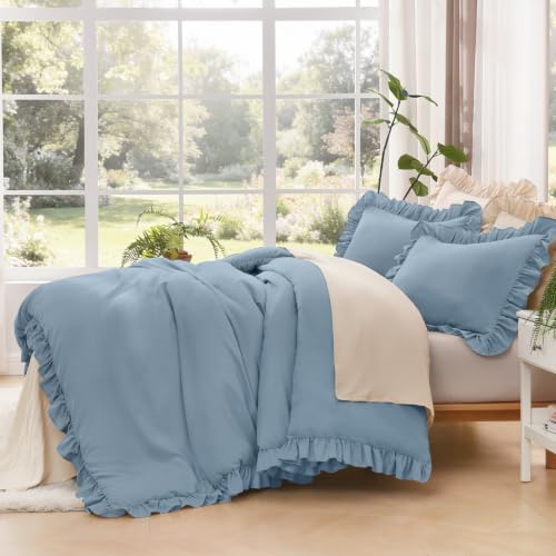Litanika Full Comforter Set, 3 Pieces Grayish Blue Ruffle Bedding Set - Image 4