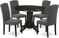 East West Furniture SHEN5-BLK-20 5 Piece Dining Room Table Set Includes a Round Kitchen Table with Pedestal and 4 Dark Gotham Linen Fabric Upholstered Chairs, 42x42 Inch, Black