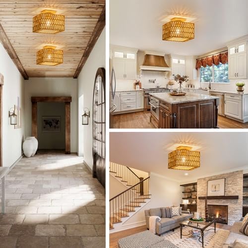Rpzloila Rattan Ceiling Light, Square Flush Mount Ceiling Light - Image 7