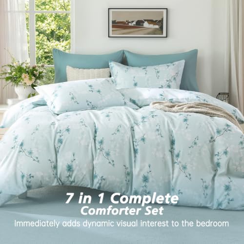 MUXHOMO Queen Comforter Set, 7-Piece Floral Bed in a Bag, Dusty Blue - Image 4