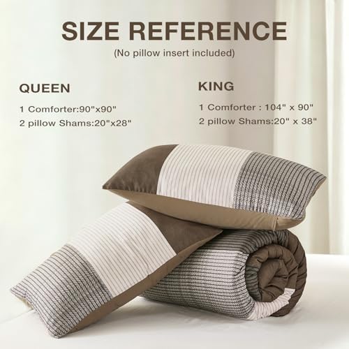 Brown Comforter Set King, Reversible Coffee Brown Patchwork Stripe Comforter - Image 7