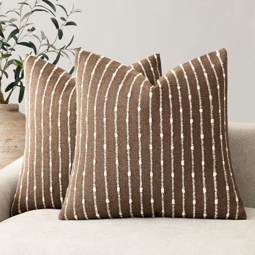 Foindtower Decorative Striped Boucle Throw Pillow Covers 22x22 Inch Brown by Foindtower