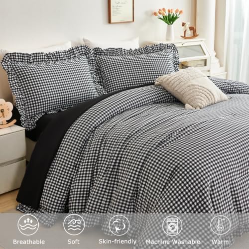 Gingham King Comforter Set 5 Pieces Black Ruffled Bedding Sets - Image 5