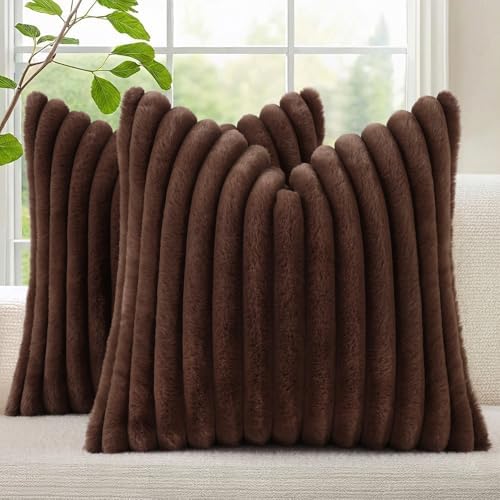 decorUhome Fall Faux Fur Throw Pillow Covers 22x22 Set of 2 Dark Brown by decorUhome