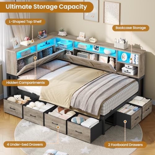 Twin Corner Bed Frame with Bookcase Headboard and Hidden Storage, Twin Daybed - Image 4