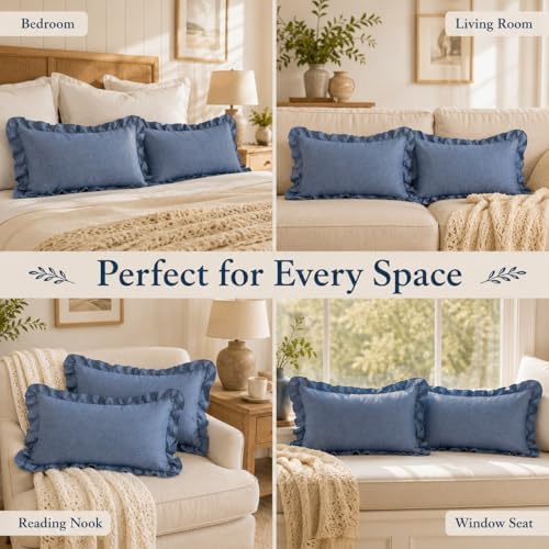 JoraLion Ruffled Throw Pillow Cover 12x20 Solid Dark Blue - Image 3