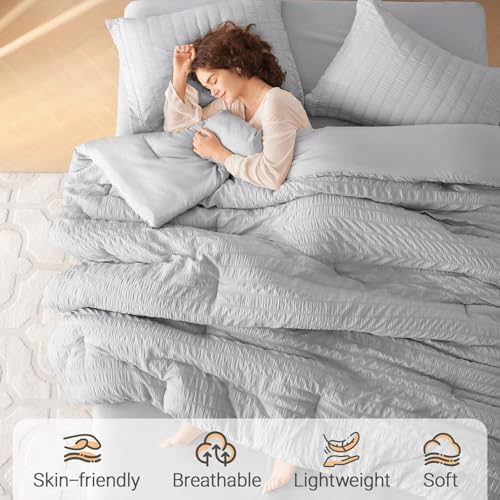 MUXHOMO Twin XL Comforter Set 5 Pieces, Seersucker Bed in a Bag, Light Grey - Image 2