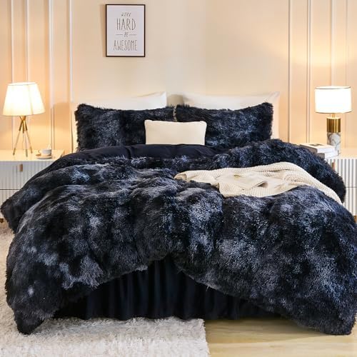 Andency Tie-Dyed Black Blue Queen Comforter Set, Fluffy Faux Fur Bed Set - Image 3