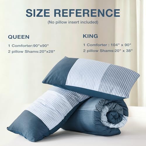 Blue Comforter Set King, Reversible Haze Blue Patchwork Stripe Comforter - Image 7
