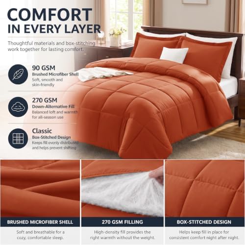CozyLux Full Size Comforter Sets, 3-Piece Box-Stitched, Burnt Orange - Image 3