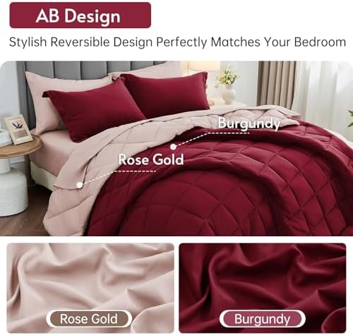 Queen Comforter Set 7 Pieces, Reversible Bed in a Bag, Burgundy/Rose Gold - Image 3