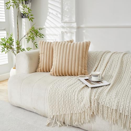 Sunday Praise Faux Fur Plush Decorative Throw Pillow Covers 16x16 Beige - Image 2