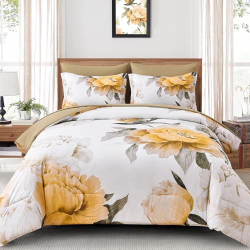 Yellow King Size Comforter Set, 7 Piece Floral Bed in a Bag by Dobuyly