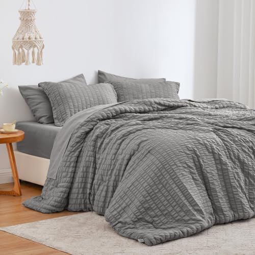 Love's cabin Seersucker Grey King Size Comforter Set, 7-Piece Bed in a Bag by Lovescabin
