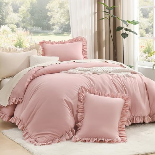 Litanika Full Comforter Set, 3 Pieces Blush Ruffle Bedding Set by Litanika