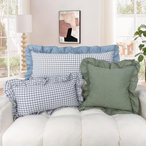 JoraLion Ruffled Throw Pillow Cover 22x22 Gingham Smoke Blue - Image 2