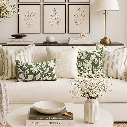 BlissBlush Decorative Lumbar Pillow Cover 12x20 Inch, Olive Green Floral Tufted - Image 3