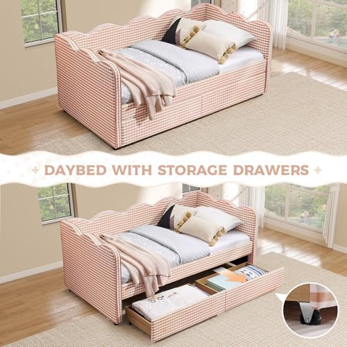 Twin Size Daybed with Storage Drawers, Linen Gingham Daybed with USB Ports & - Image 3