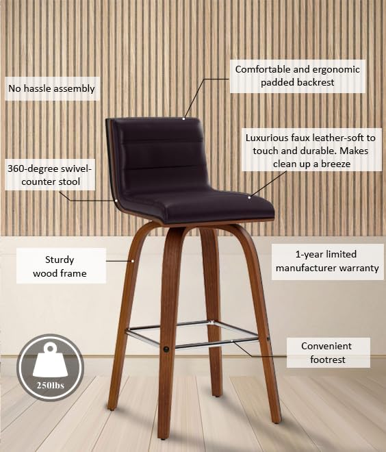 Armen Living Vienna 26" Swivel Counter Stool in Walnut Wood Finish with Brown Faux Leather - Set of 2
