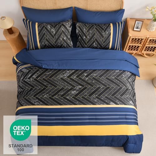 Blue and Yellow Comforter Set Queen Size, 7 Pieces Striped Bed in a Bag - Image 3