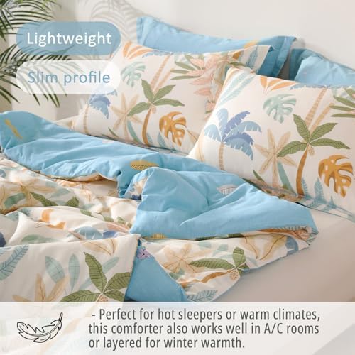 Beige & Coastal Blue Tropical Botanical Cotton Comforter King 3PC - Image 4