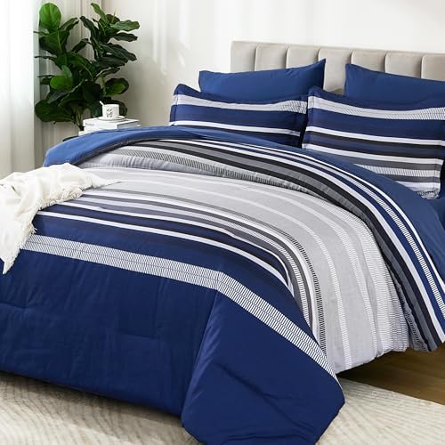 Dobuyly Navy Blue Queen Comforter Set 7 Pieces, Boho Striped Bed in a Bag Queen by Dobuyly