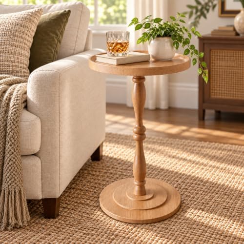 Round Drink Table, Small Pedestal Side Table, Martini Table, Natural Oak by Unknown