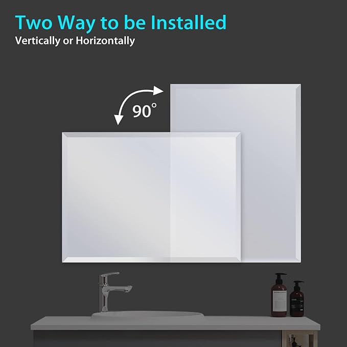 Beveled Mirror, 48"x30" Inch Beveled Frameless Mirror for Bathroom, Rectangular Beveled Edge Bathroom Vanity Mirror, Upgraded Shatterproof Wall Mirror, Hangs Horizontally or Vertically.