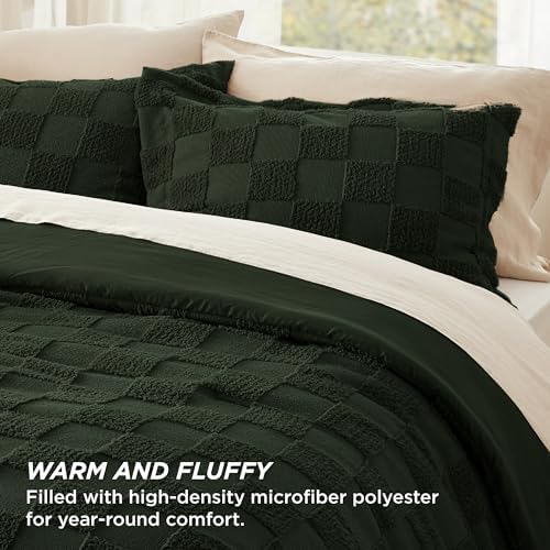 Bedsure Dark Olive Green King Size Comforter Set Boho, Plaid Bedding 3 Pcs - Image 2