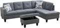 Dark Grey L-Shaped 3-Piece Flannelette Sofa with Storage Ottoman Set, Sectional Couch Sofa Set for Living Room, Office, Small Space