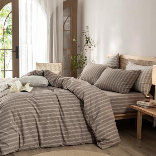 BESTOUCH Striped Cotton Duvet Cover Set Linen Feel Full - Image 4
