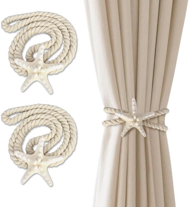 2 Pcs Natural Starfish Curtain Tiebacks, Handmade Woven Rope Curtain Curtain by Xinally